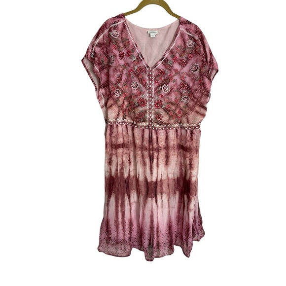 Sundance Pink Embroidered V-Neck Tie Dye Boho Dress Large - Picture 1 of 8